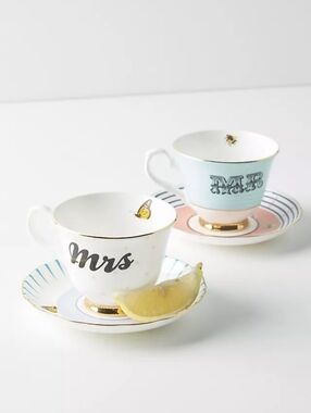 Anthropologie Mr And Mrs Tea cup and Saucer Sets China Bone Chic Luxury Wedding